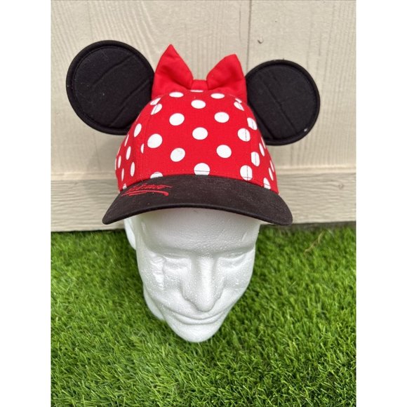 Disney Parks Minnie Mouse Ears Red White Polka Dot Adjustable Youth Hat Cap Bow - Picture 1 of 10